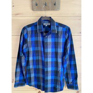 Express Fitted Dress Shirt Blue/Black Checkered
